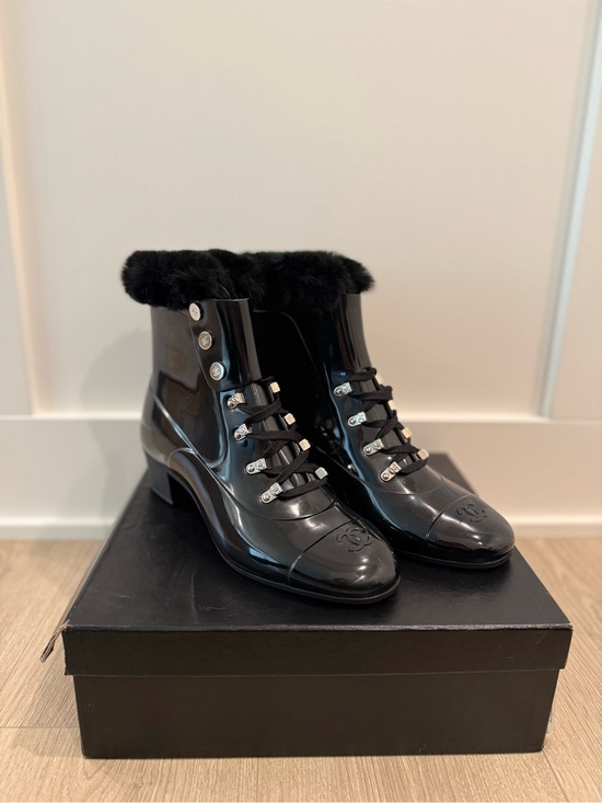 CHANEL Shoes - AUTHENTIC Chanel 2008 Black Patent Leather Ankle Boots Rabbit Fur Trim NIB 8.5
